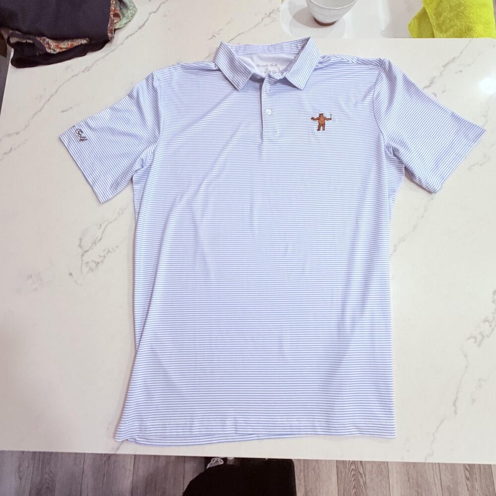 Grizzly Golf Polo Shirt Mens Large Blue White Stripe Performance Bear preppy - Picture 2 of 8